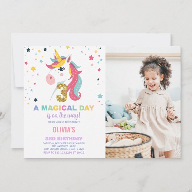 3:e födelsedag Unicorn Birthday-inbjudan med foto Inbjudningar (Framsida)
