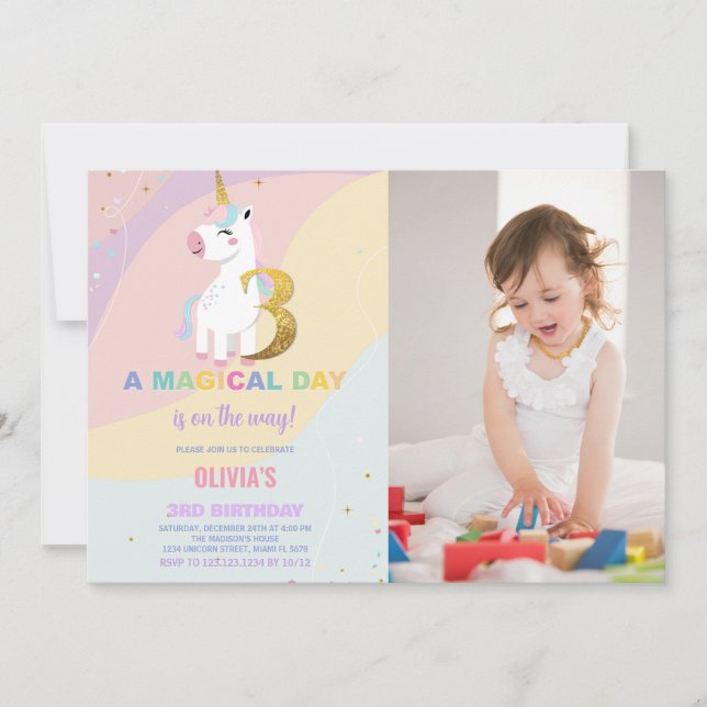3:e födelsedag Unicorn Birthday-inbjudan med foto Inbjudningar (Framsida)
