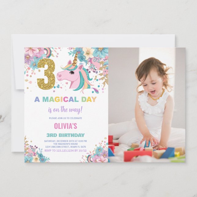 3:e födelsedag Unicorn Birthday-inbjudan med foto Inbjudningar (Framsida)