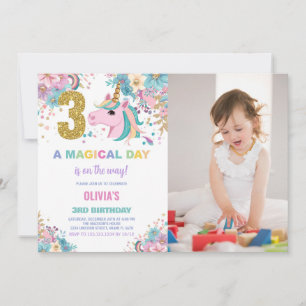 3:e födelsedag Unicorn Birthday-inbjudan med foto Inbjudningar