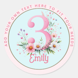 3:e födelsedagen Blommigt Rosa Princess Fairytale Runt Klistermärke