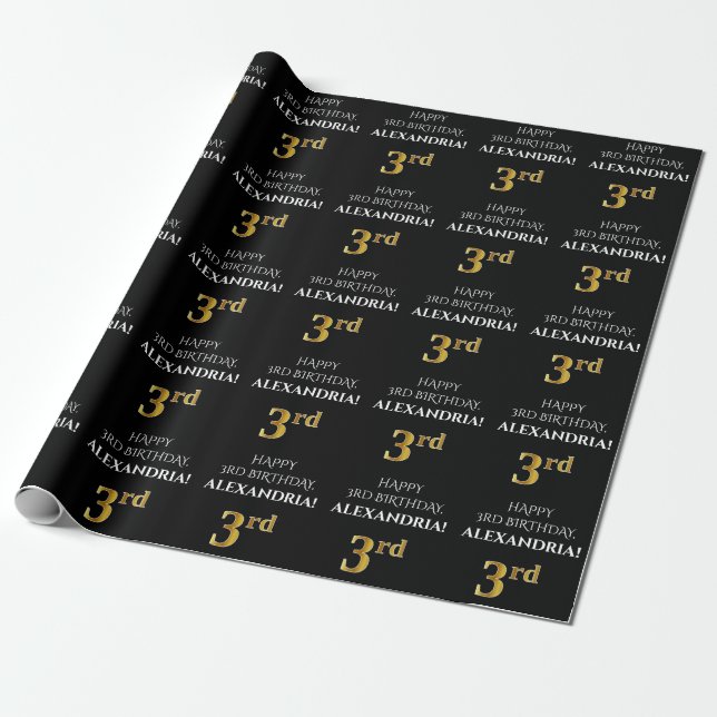 3:e födelsedagen: Elegant, svart, faux Guld-utseen Presentpapper (Utrullad)