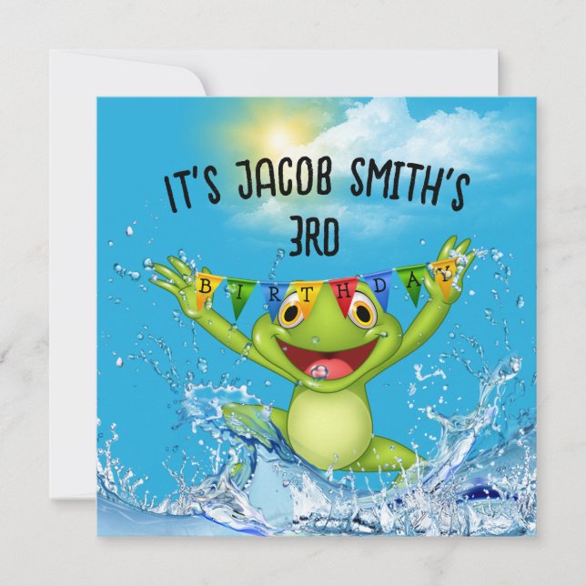 3:e födelsedagen Frog Jumpling i Vatten Inbjudningar (Framsida)