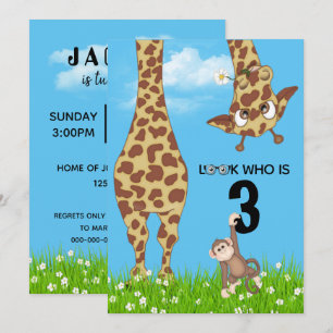 3:e födelsedagen Giraffe och apa i gräs Inbjudningar