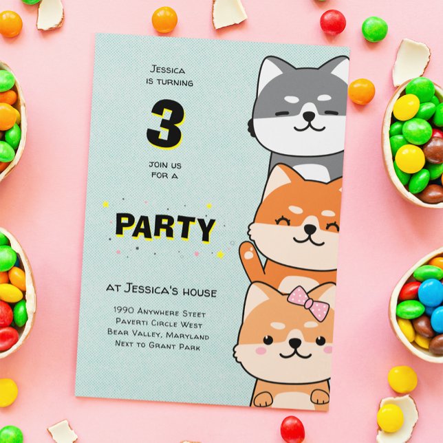 3:e födelsedagen Party Cute Shiba Inu 3 år gammal Inbjudningar (Skapare uppladdad)