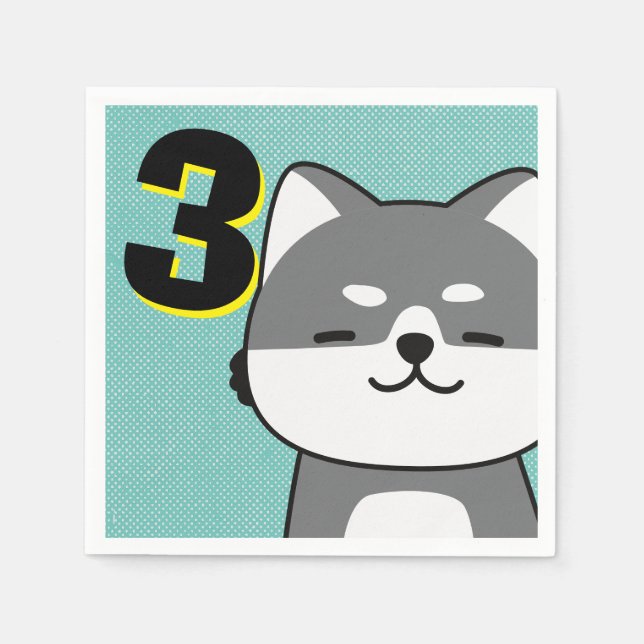 3:e födelsedagen Party Cute Shiba Inu Puppy Chippy Pappersservett (Framsidan)