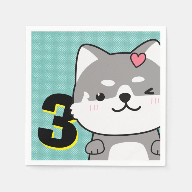 3:e födelsedagen Party Cute Shiba Inu Puppy Kiki Pappersservett (Framsidan)