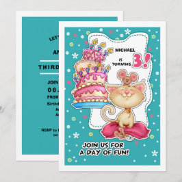 3:e födelsedagen Party | Roligt Kattunge och möss  Inbjudningar