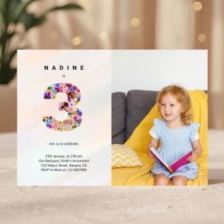 3:e födelsedagen Pastel Rosa Blommigts Fotoinbjuda Inbjudningar