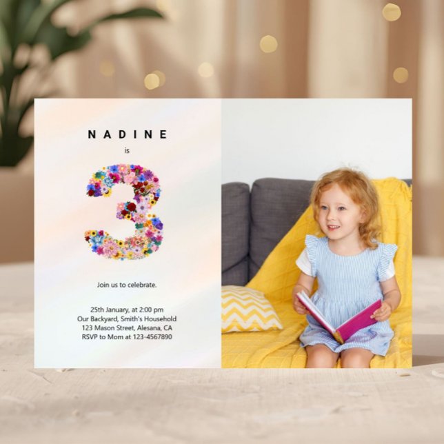 3:e födelsedagen Pastel Rosa Blommigts Fotoinbjuda Inbjudningar (Floral 3rd Birthday Invitation, Blush Pink Invitation, Third Birthday Invites for Girl)
