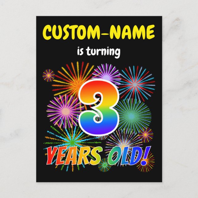 3:e födelsedagen - Roligt Fireworks, Regnbåge "3" Vykort (Framsida)