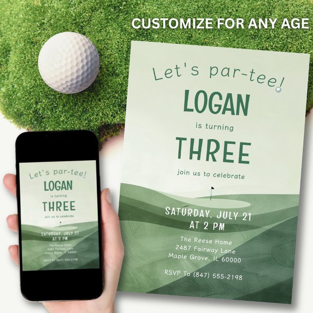 3:e födelsedags golf Par-tee akvarell alla åldrar Inbjudningar (Playful “par-tee” theme kids and adults love.)