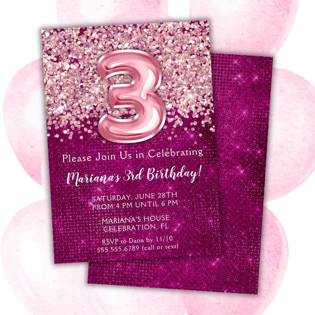 3:e födelsedagsinbjudan Rosa Magenta Glitter Inbjudningar (Skapare uppladdad)
