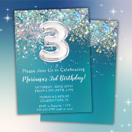 3:e födelsedagsinbjudan Teal Silver Glitter Inbjudningar