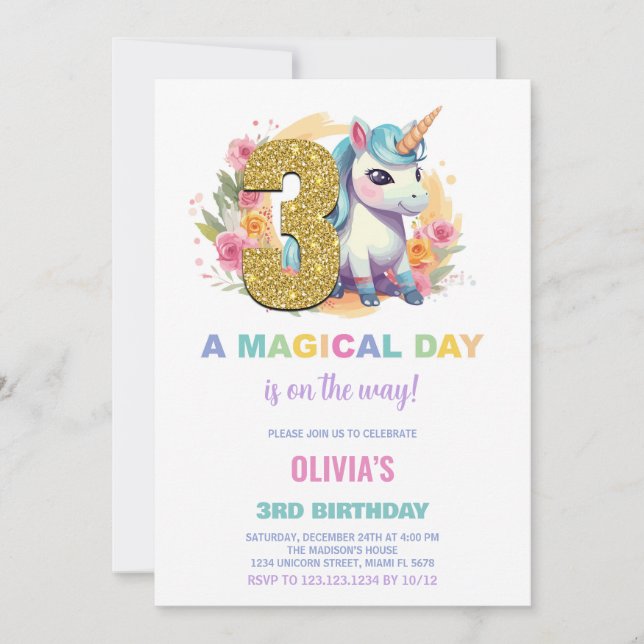 3:e födelsedagsinbjudan till Unicorn Birthday Inbjudningar (Framsida)