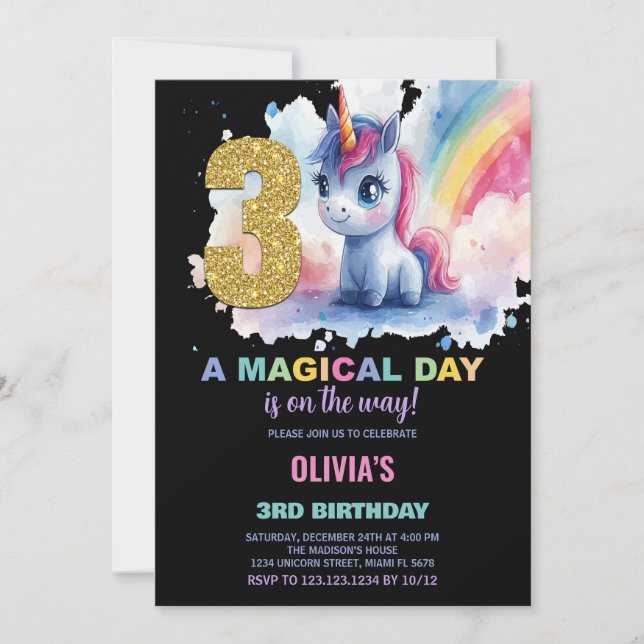 3:e födelsedagsinbjudan till Unicorn Birthday Inbjudningar (Framsida)