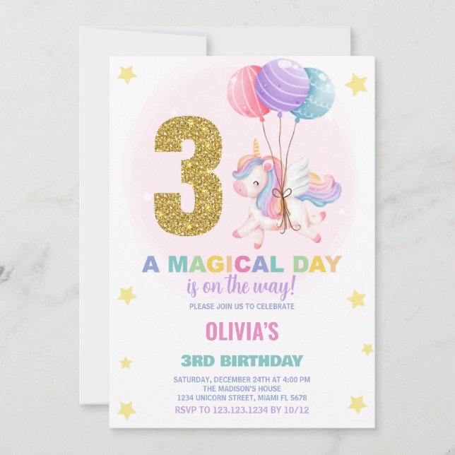 3:e födelsedagsinbjudan till Unicorn Birthday Inbjudningar (Framsida)