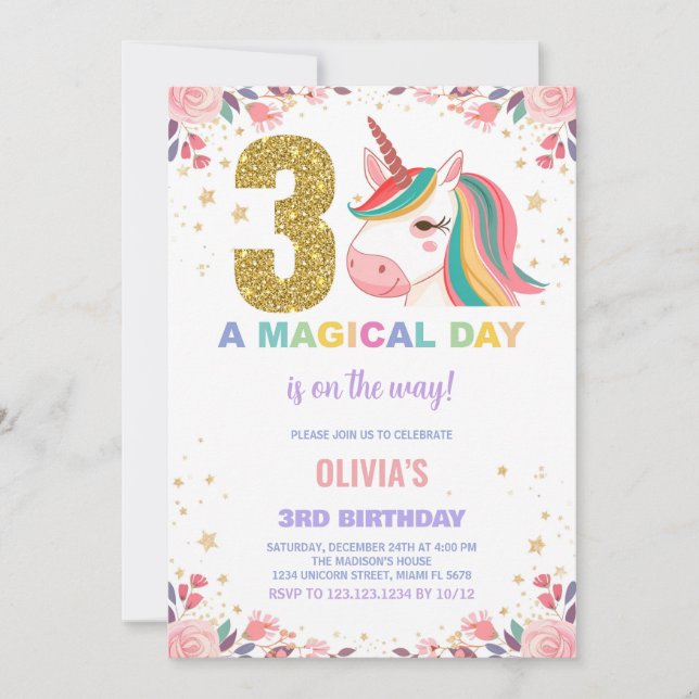 3:e födelsedagsinbjudan till Unicorn Birthday Inbjudningar (Framsida)