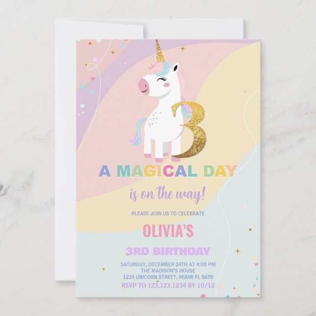 3:e födelsedagsinbjudan till Unicorn Birthday Inbjudningar (Framsida)