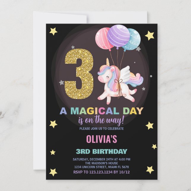 3:e födelsedagsinbjudan till Unicorn Birthday Inbjudningar (Framsida)