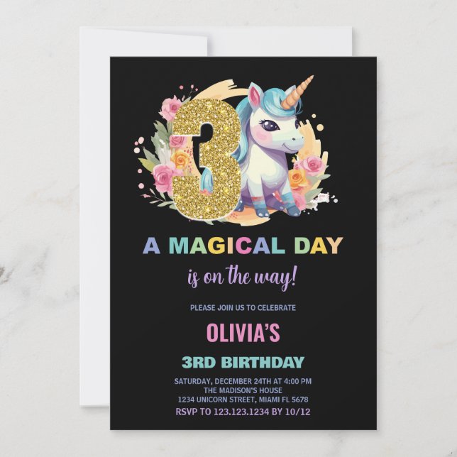 3:e födelsedagsinbjudan till Unicorn Birthday Inbjudningar (Framsida)
