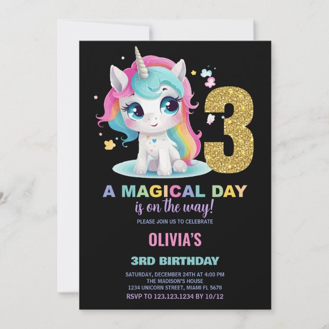 3:e födelsedagsinbjudan till Unicorn Birthday Inbjudningar (Framsida)