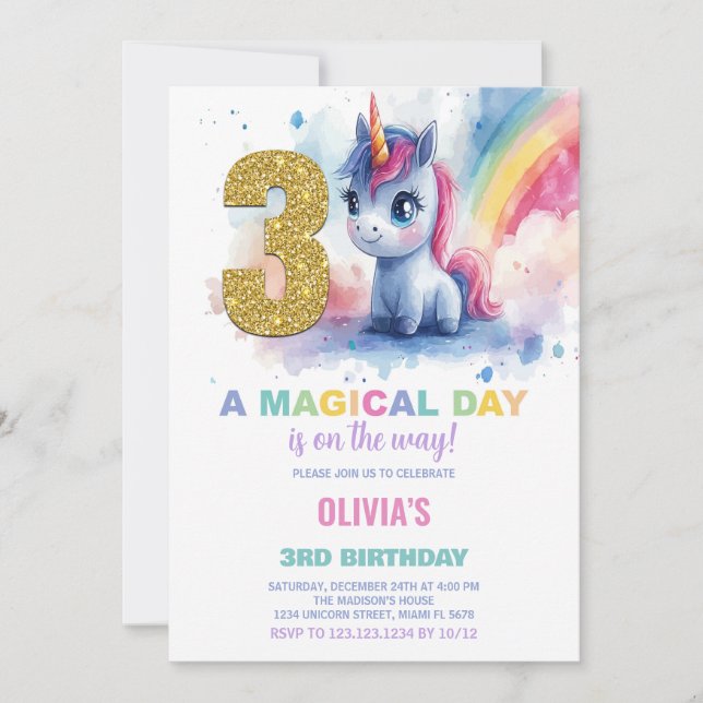 3:e födelsedagsinbjudan till Unicorn Birthday Inbjudningar (Framsida)