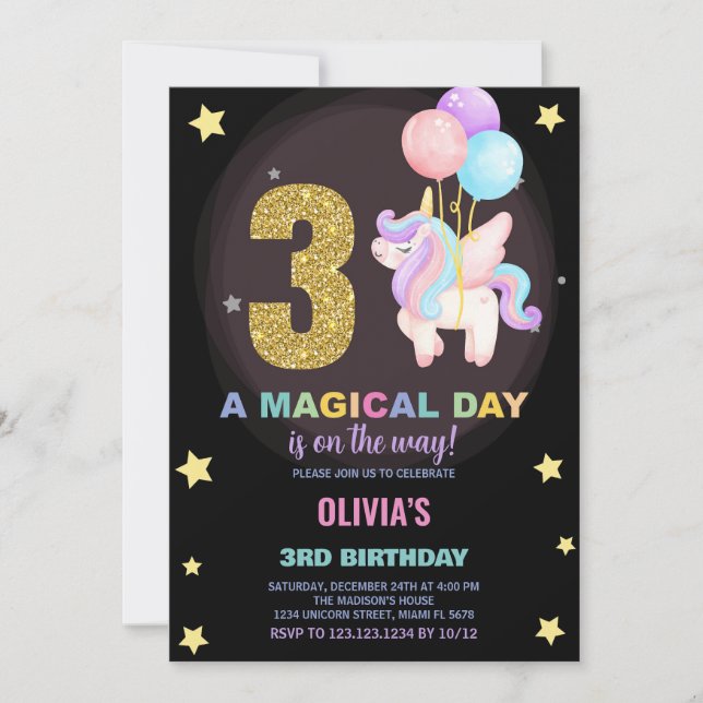3:e födelsedagsinbjudan till Unicorn Birthday Inbjudningar (Framsida)