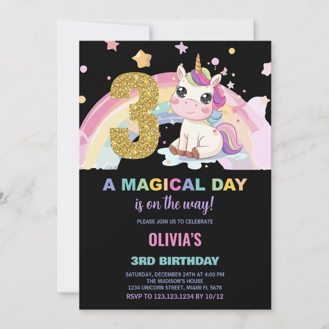 3:e födelsedagsinbjudan till Unicorn Birthday Inbjudningar (Framsida)