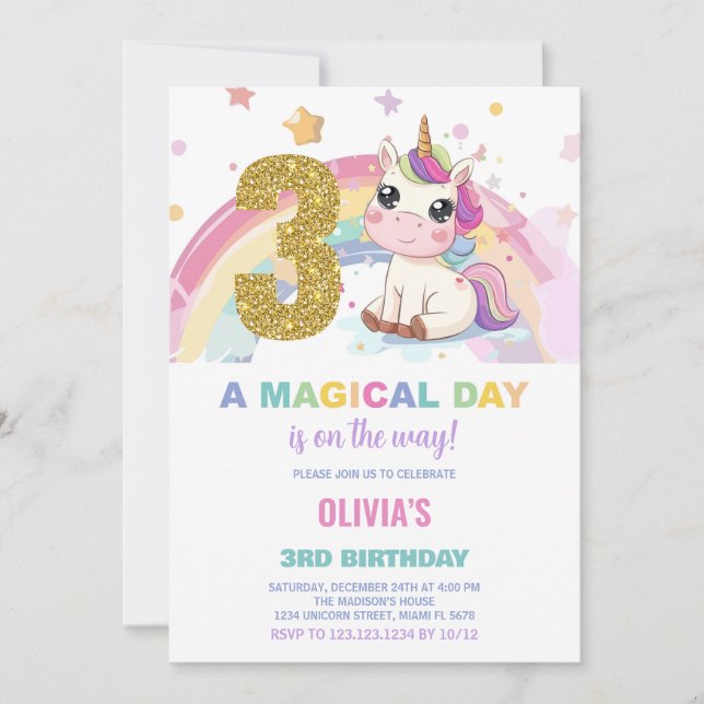 3:e födelsedagsinbjudan till Unicorn Birthday Inbjudningar (Framsida)