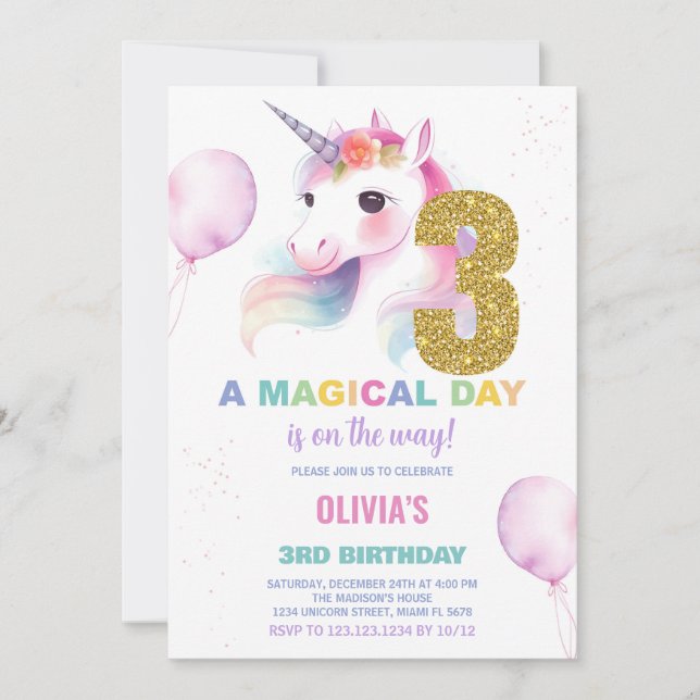 3:e födelsedagsinbjudan till Unicorn Birthday Inbjudningar (Framsida)
