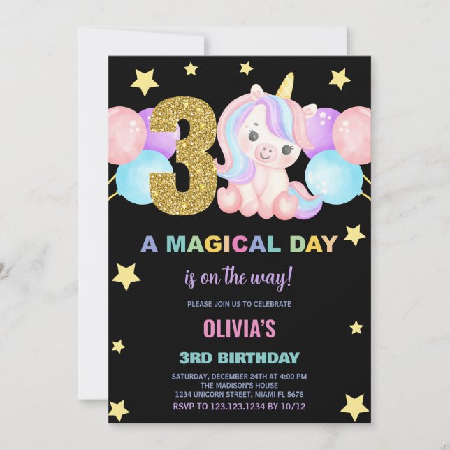 3:e födelsedagsinbjudan till Unicorn Birthday Inbjudningar (Framsida)