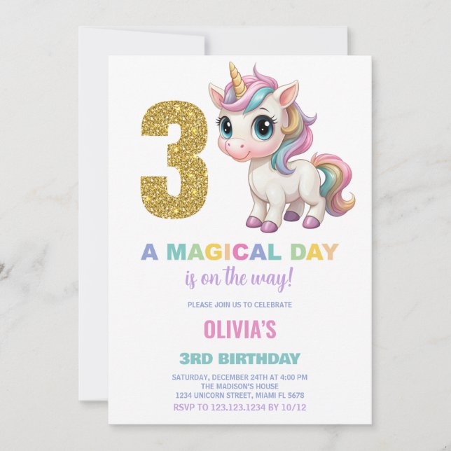 3:e födelsedagsinbjudan till Unicorn Birthday Inbjudningar (Framsida)