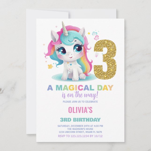 3:e födelsedagsinbjudan till Unicorn Birthday Inbjudningar (Framsida)