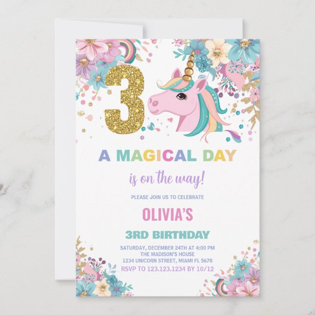 3:e födelsedagsinbjudan till Unicorn Birthday Inbjudningar (Framsida)