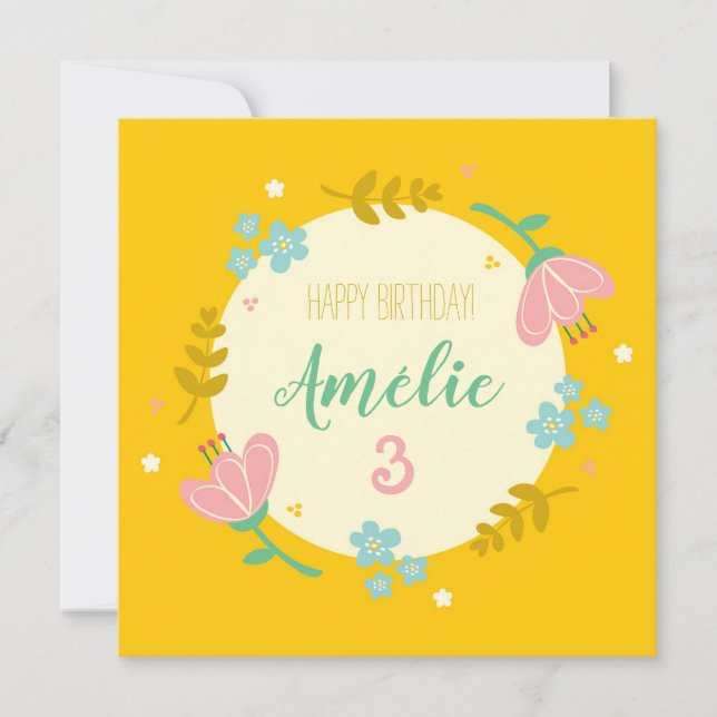 3:e födelsedagskort - blommigt för flicka kort (Framsida)