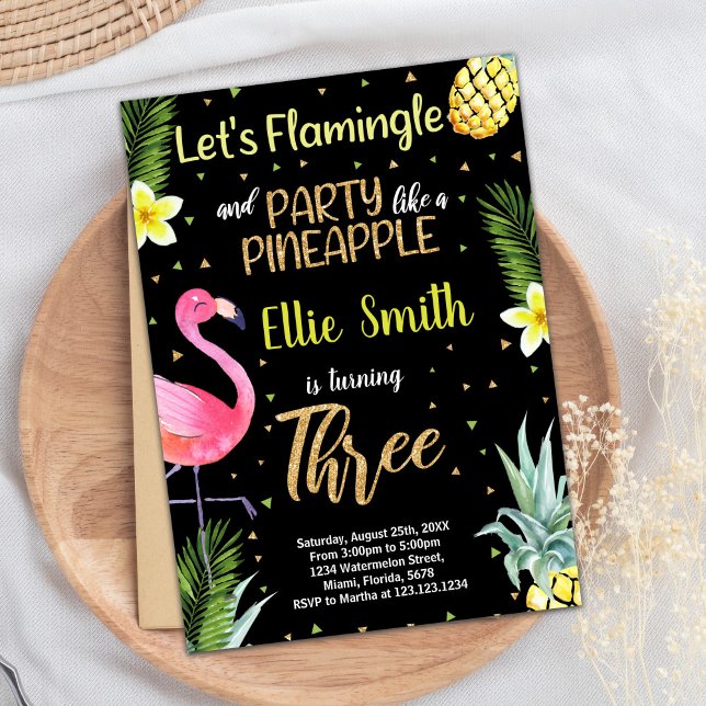 3:e inbjudan till ananas för svart Glitter Flaming (3rd Black Glitter Flamingo Pineapple Invitations)