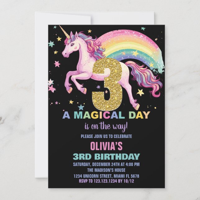 3:e inbjudan till Unicorn Birthday Black (Framsida)