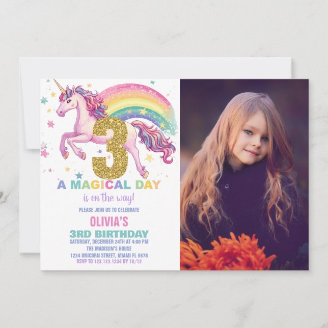 3:e inbjudan till Unicorn Birthday med bild (Framsida)