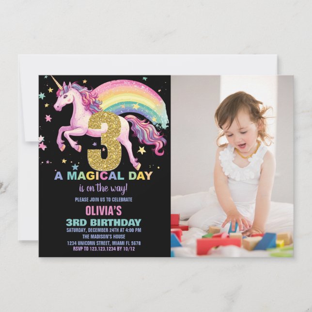 3:e Unicorn Birthday-inbjudan svart foto Inbjudningar (Framsida)