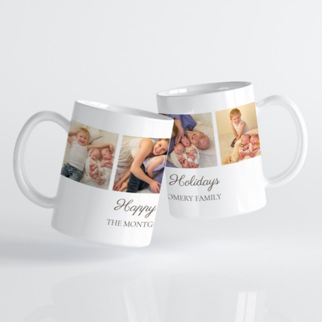 3 Family Photo Collage Glad helg jul Kaffemugg (3-photo "Happy Holidays" Christmas photo mug with custom text.)