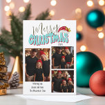 3 Family Photo Collage Retro Font God jul Julkort<br><div class="desc">Den här festive God jul-designen skapades med ett modernt typsnitt i roligten och mitt handskrivna typsnitt i en stil i retro 80-serien i mjuk blått och rödblått, med min handmålade julhatt med holly och bär för att få din familj att skina som stjärna. Lägg till namn och anpassningsbar i familjen...</div>