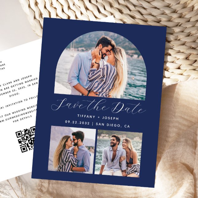 3 Foto Arch QR-kod, marinblå Spara datum Vykort (Skapare uppladdad)