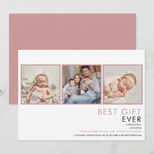 3 Foto Babyflicka Dammtrosa Pink Födelse Meddelande
