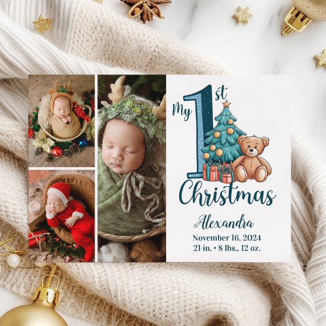 3 Foto Blå Teddy Baby 1:a julen (Skapare uppladdad)