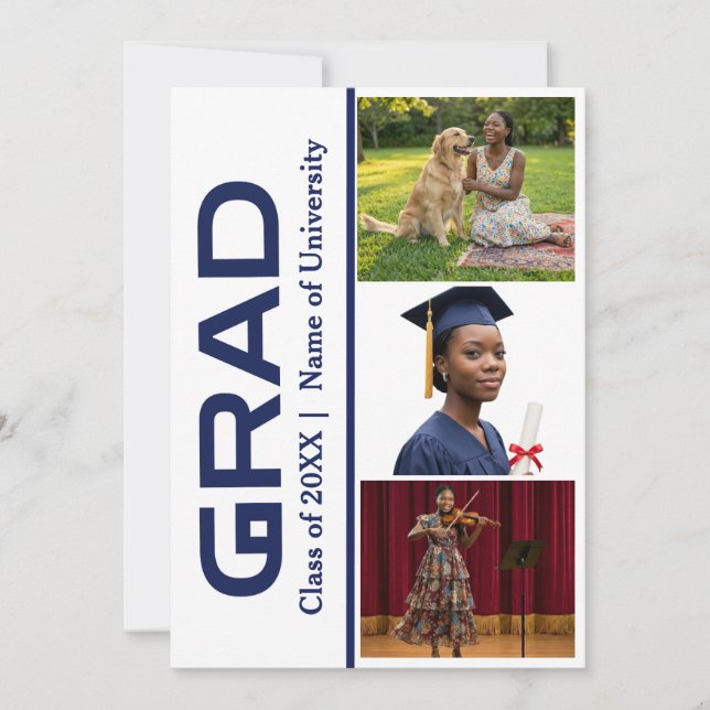 3 Foto Blå & Vit Examen Fest Inbjudan (Framsida)
