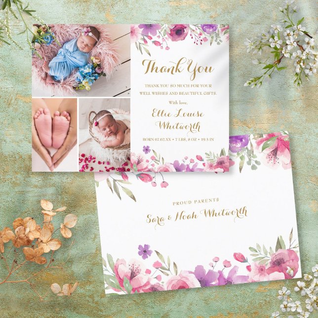3 Foto Blommig Skript Tacksamhet Baby Födelse Meddelande Vykort (3 Photo Floral Script Thank You Baby Birth Announcement Postcard)
