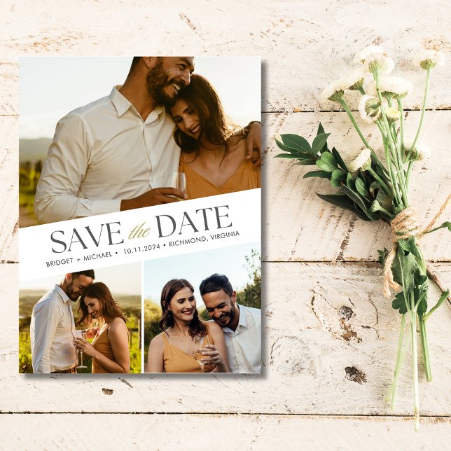 3 Foto Bröllop Spara Datum Meddelande Vykort (3 Photo Wedding Save the Date Postcard)