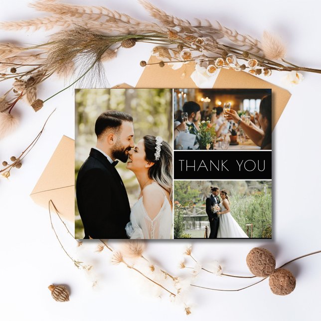 3 Foto Bröllop Tack Vykort (3 Photo Script Wedding Thank You Postcard)