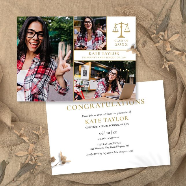 3 Foto Collage Juristexamen Utexamensfest  Inbjudningar (3 Photo Collage Law School Graduation Party Invitation)